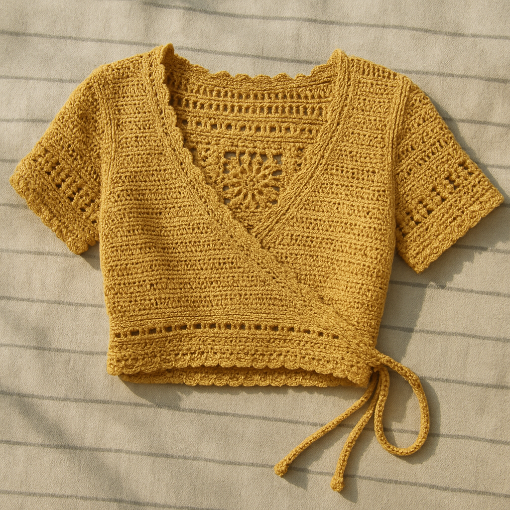Crochet Wrap Top Pattern – Handmade Lacey Boho Crop Top with Customizable Sleeves | PDF Crochet Pattern for Beginners to Intermediate.