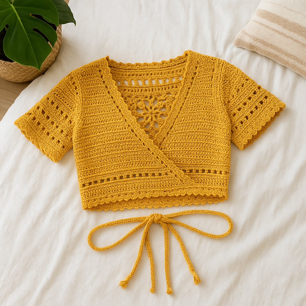 Crochet Wrap Top Pattern – Handmade Lacey Boho Crop Top with Customizable Sleeves | PDF Crochet Pattern for Beginners to Intermediate.