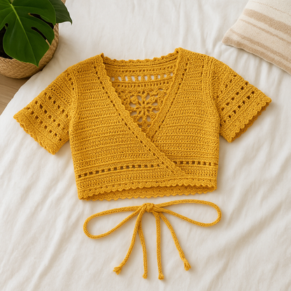 Crochet Wrap Top Pattern – Handmade Lacey Boho Crop Top with Customizable Sleeves | PDF Crochet Pattern for Beginners to Intermediate.