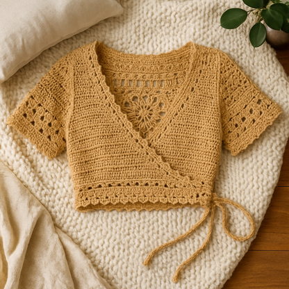 Crochet Wrap Top Pattern – Handmade Lacey Boho Crop Top with Customizable Sleeves | PDF Crochet Pattern for Beginners to Intermediate.