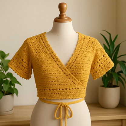 Crochet Wrap Top Pattern – Handmade Lacey Boho Crop Top with Customizable Sleeves | PDF Crochet Pattern for Beginners to Intermediate.
