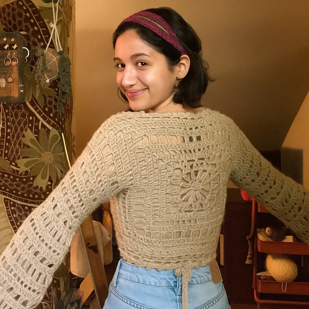 Crochet Wrap Top Pattern – Handmade Lacey Boho Crop Top with Customizable Sleeves | PDF Crochet Pattern for Beginners to Intermediate.
